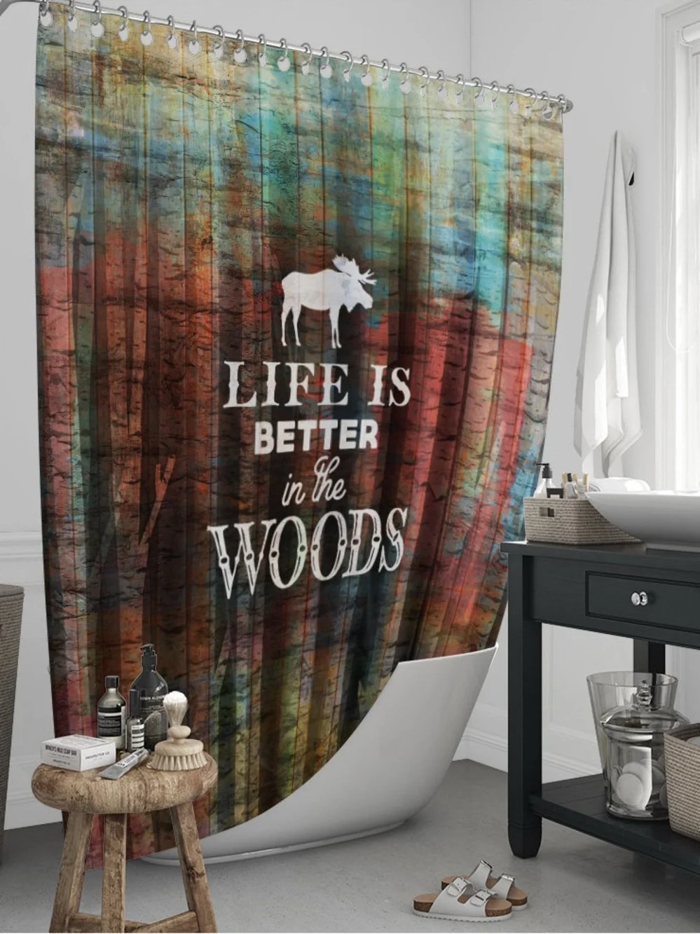 Rustic Shower Curtain Life Is Better In The Woods Moose Shower Curtain X-Long